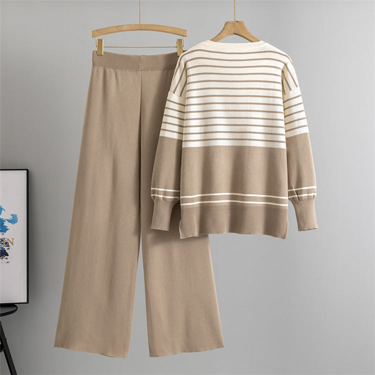 Khaki - Striped Knitted Loose Two Piece Set