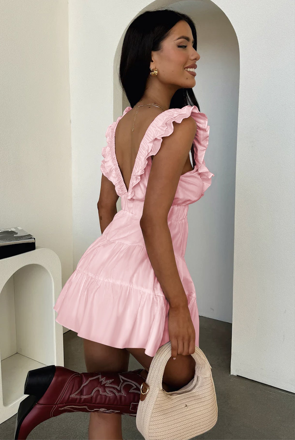 Plunging V-Neck Ruffle Trim Elastic Waist Tiered Ruffle Mini Dress