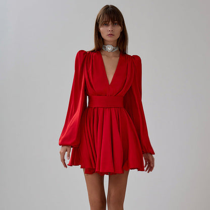 Deep V-Neck Puff Sleeve Ruched Waist Satin A-Line Mini Dress