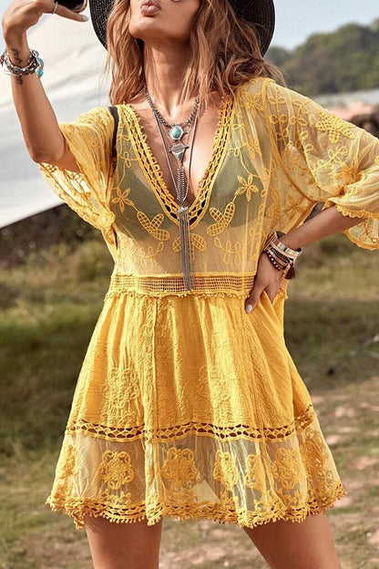 Lace V Neck Hollow Short Sleeved Cover Up