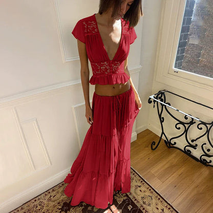 Lace V-Neck Two-Piece Skirt Set