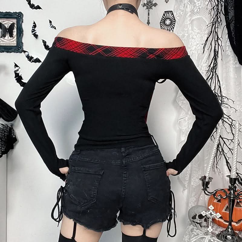Off shoulder long sleeve plaid star pattern top