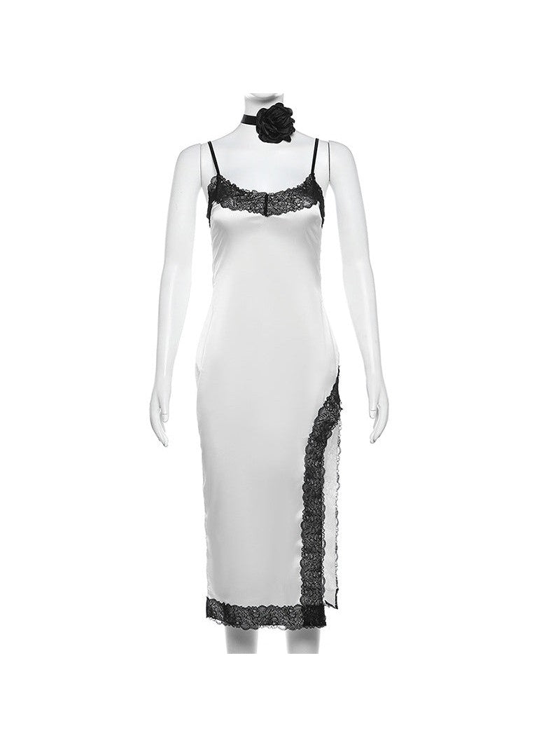 Tie Contrast Color Lace High Split Dress