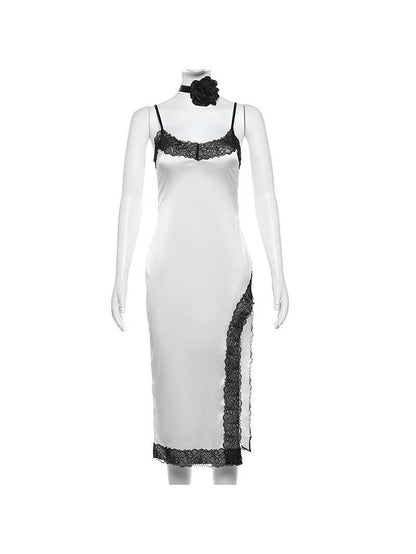 Tie Contrast Color Lace High Split Dress