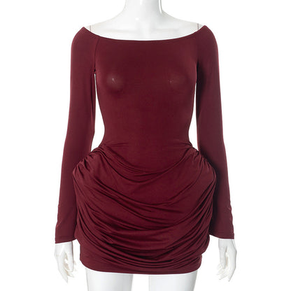 Solid Color off Shoulder Long Sleeve High Waist Short Dress