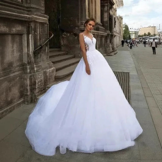 Deep V-Neck Sleeveless Lace Wedding Dress
