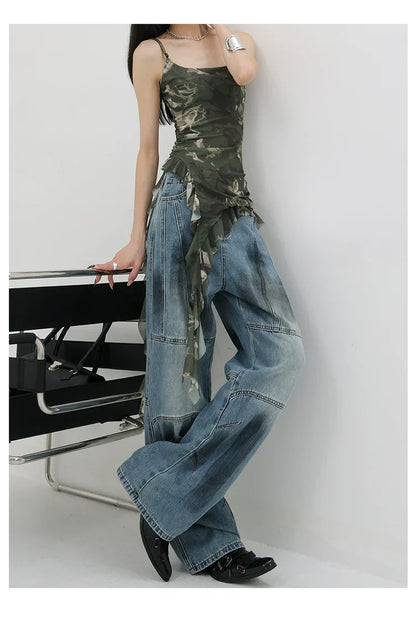 Vintage Distressed And Dirt-Dyed Patchwork Wide-Leg Jeans