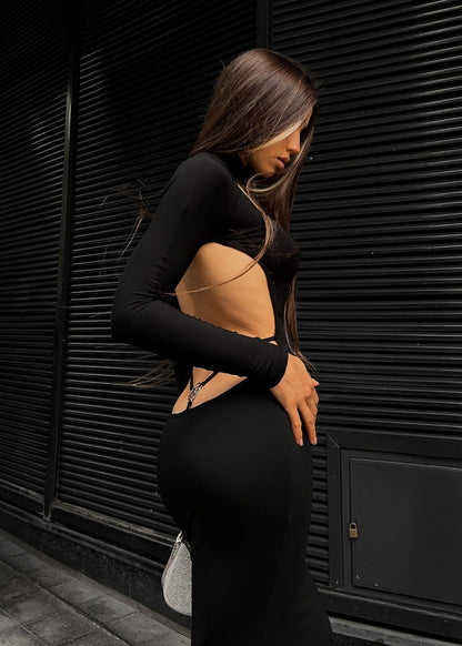 Noir Eclipse - Backless Turtleneck Maxi Dress