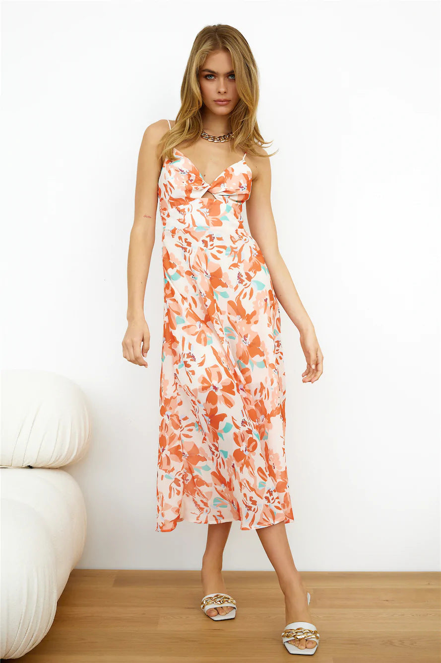 Floral Print Sweetheart Twist Bust Cut Out Spaghetti Strap Midi Dress