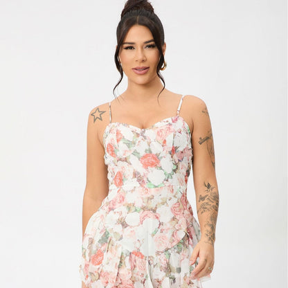 Sweetheart Corset Spaghetti Strap Floral Print Tiered Ruffle Mini Dress