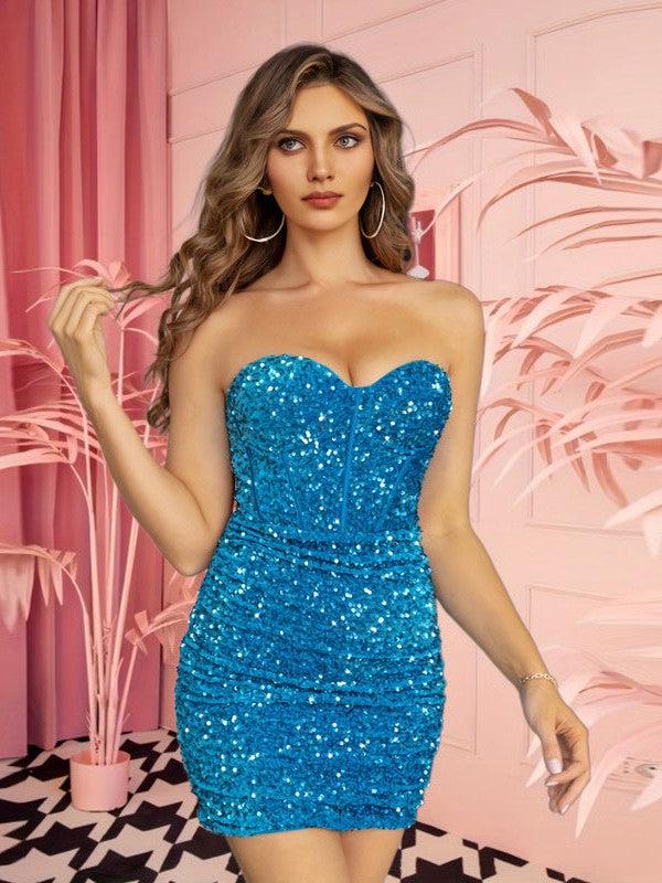 Blue Tube Top Boning Corset Sequins Short Dress