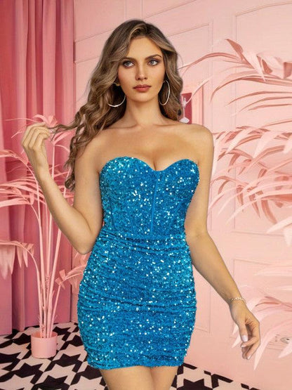 Blue Tube Top Boning Corset Sequins Short Dress