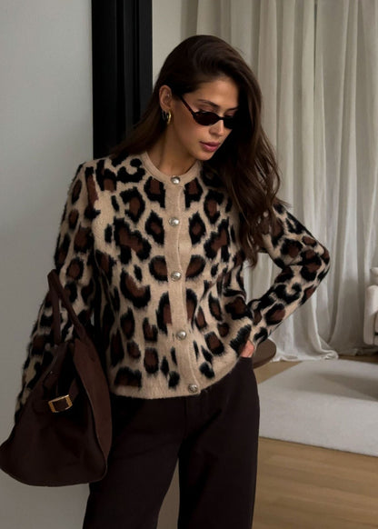 Leopard Print Button-Up Knit Cardigan
