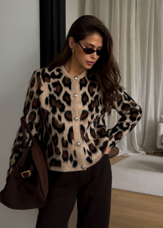 Leopard Print Button-Up Knit Cardigan