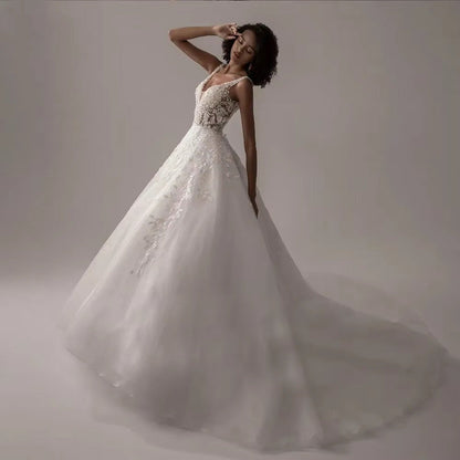 V-Neck Sleeveless Lace Wedding Dress