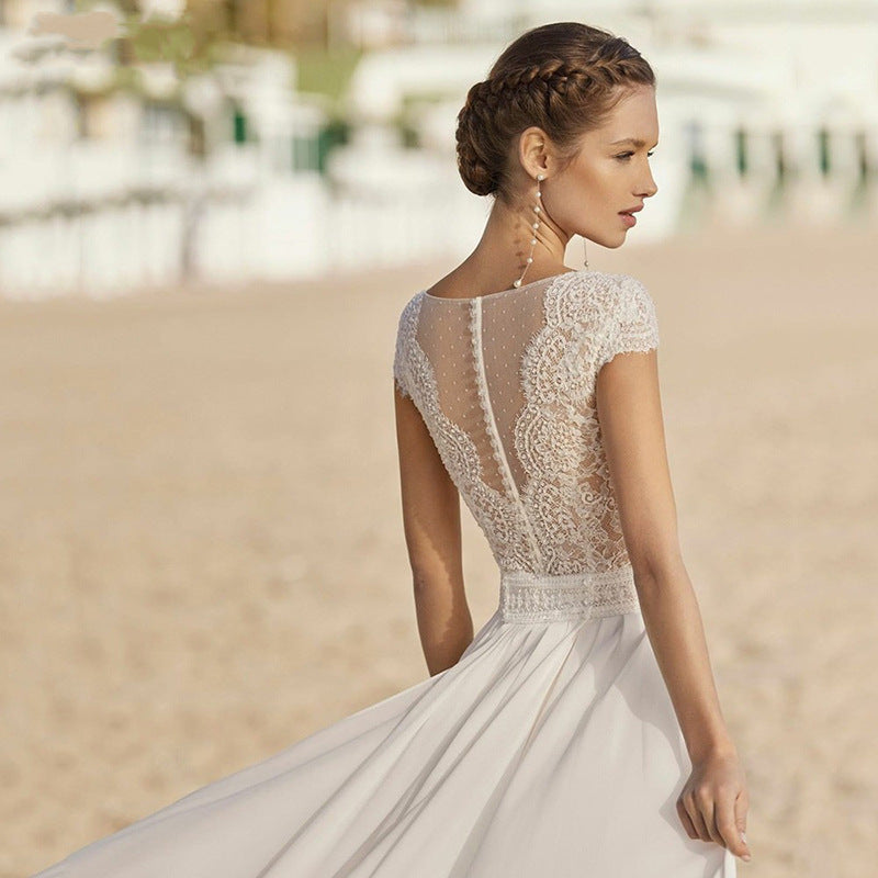 V-Neck Chiffon Long Train Wedding Dress