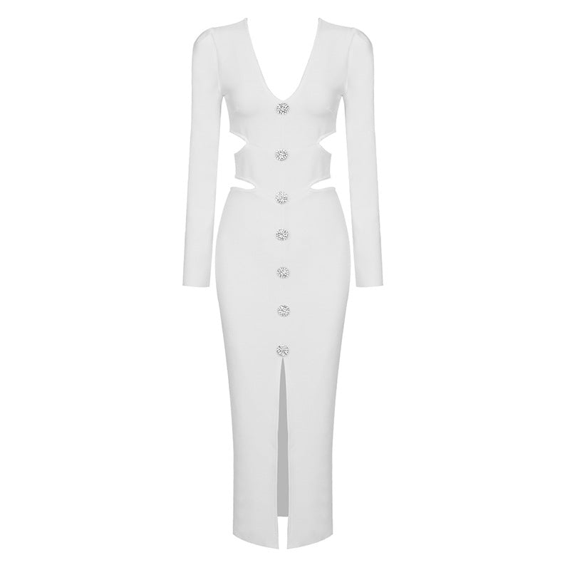 Rhinestone Button Deep V Waist Cutout Long Sleeve Front Slit Midi Dress