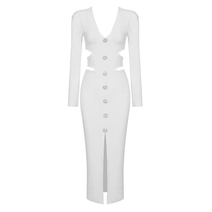 Rhinestone Button Deep V Waist Cutout Long Sleeve Front Slit Midi Dress