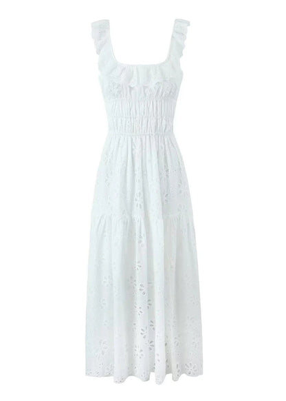Fiorella Embroidered Maxi Dress – Eyelet Cotton Dress with Open Back & Ruffle Straps