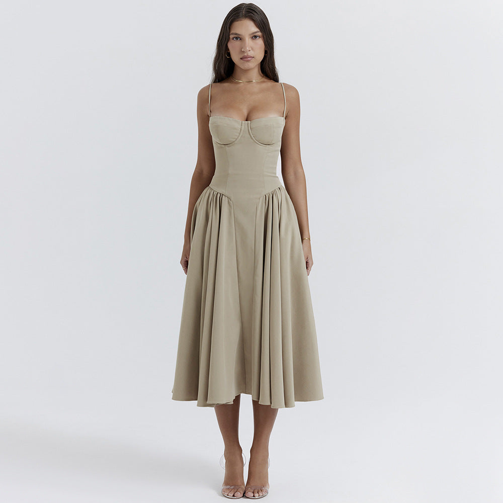Spaghetti Strap Bustier Basque Waist Pleated Pocket Midi Dress