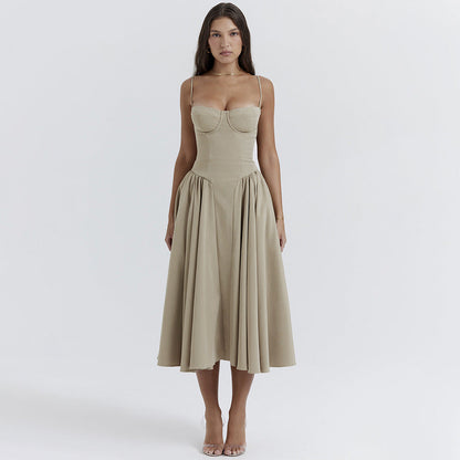Spaghetti Strap Bustier Basque Waist Pleated Pocket Midi Dress
