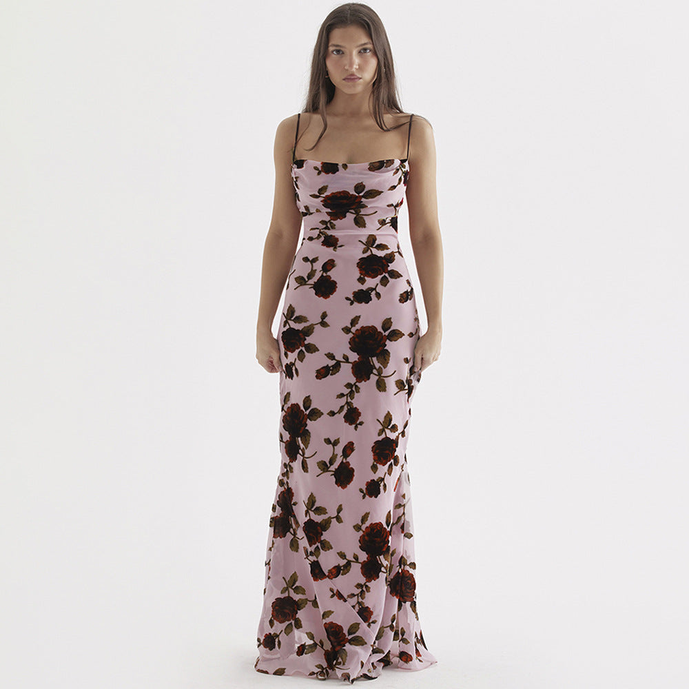 Floral Print Spaghetti Strap Lace-Up Back Open Back Maxi Dress