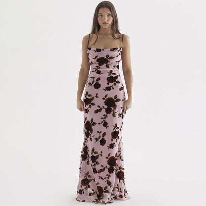 Floral Print Spaghetti Strap Lace-Up Back Open Back Maxi Dress
