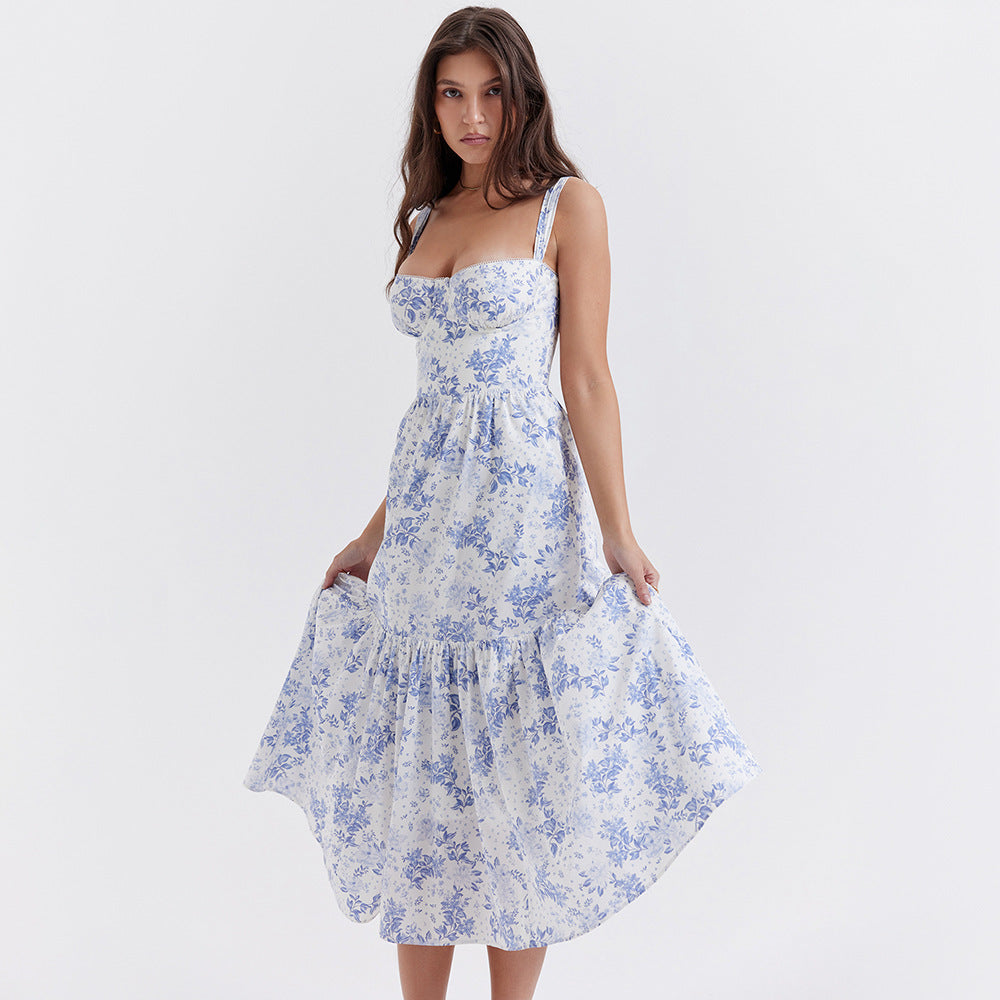 Square Neck Bustier Floral Ruffle Tier Pocket Midi Dress