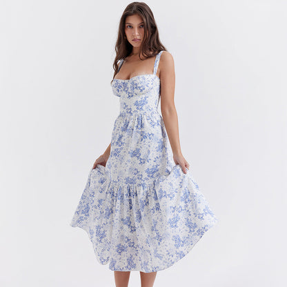 Square Neck Bustier Floral Ruffle Tier Pocket Midi Dress