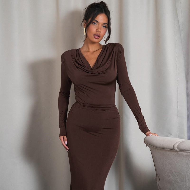 Cowl Neck Long Sleeve Ruched Waist Column Maxi Gown