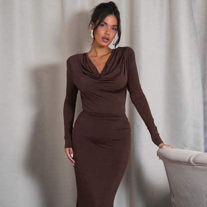 Cowl Neck Long Sleeve Ruched Waist Column Maxi Gown