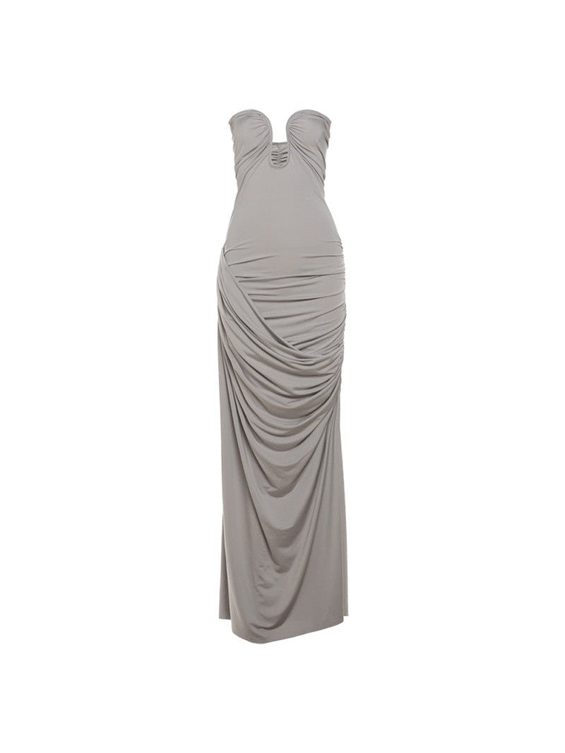 Deep Neck Tube Top Backless Pleating Formal Dress