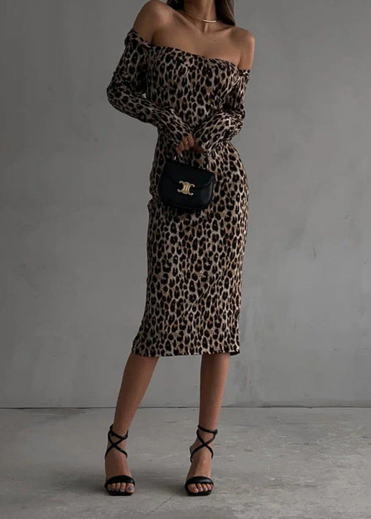 Leopard Print Off-Shoulder Midi Dress