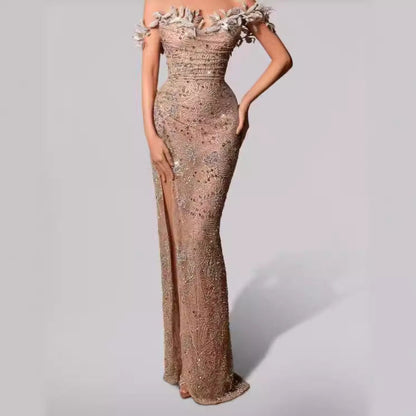 Off Shoulder Slit Strapless Floor Length Prom Dress
