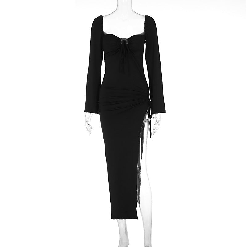 Sweetheart Keyhole Tie Long Sleeve Hip Cutout Slit Maxi Dress