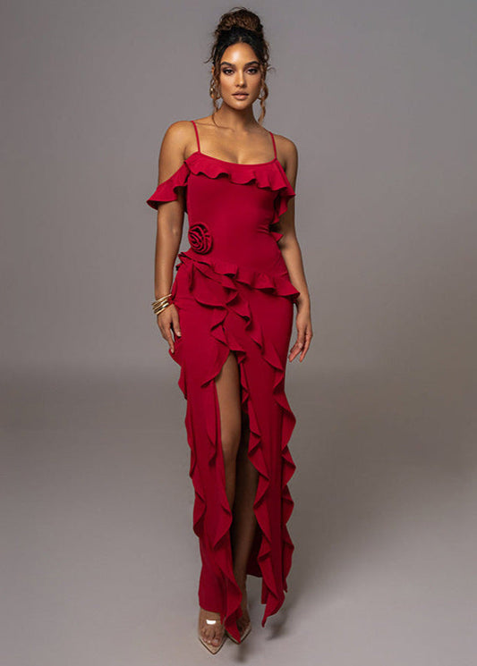 Flamenco Ruffle Maxi Dress – Elegant Off-Shoulder Evening Gown