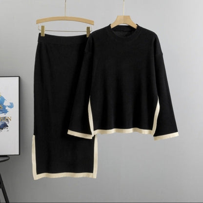 Black - Contrast Round-Neck Elegant Two Piece Set