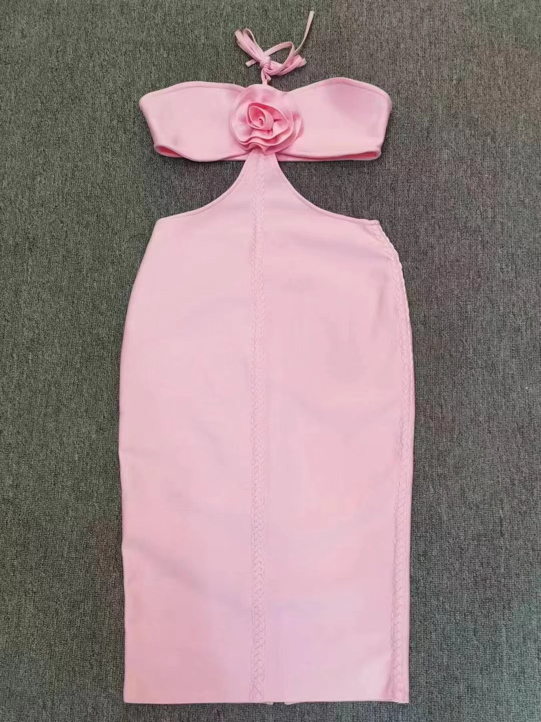 Halter Neck 3D Floral Applique Waist Cutout Bandage Bodycon Midi Dress