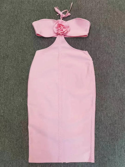 Halter Neck 3D Floral Applique Waist Cutout Bandage Bodycon Midi Dress