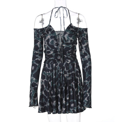 Abstract Print Mesh Off-Shoulder Tie Front Cutout Pleated Mini Dress