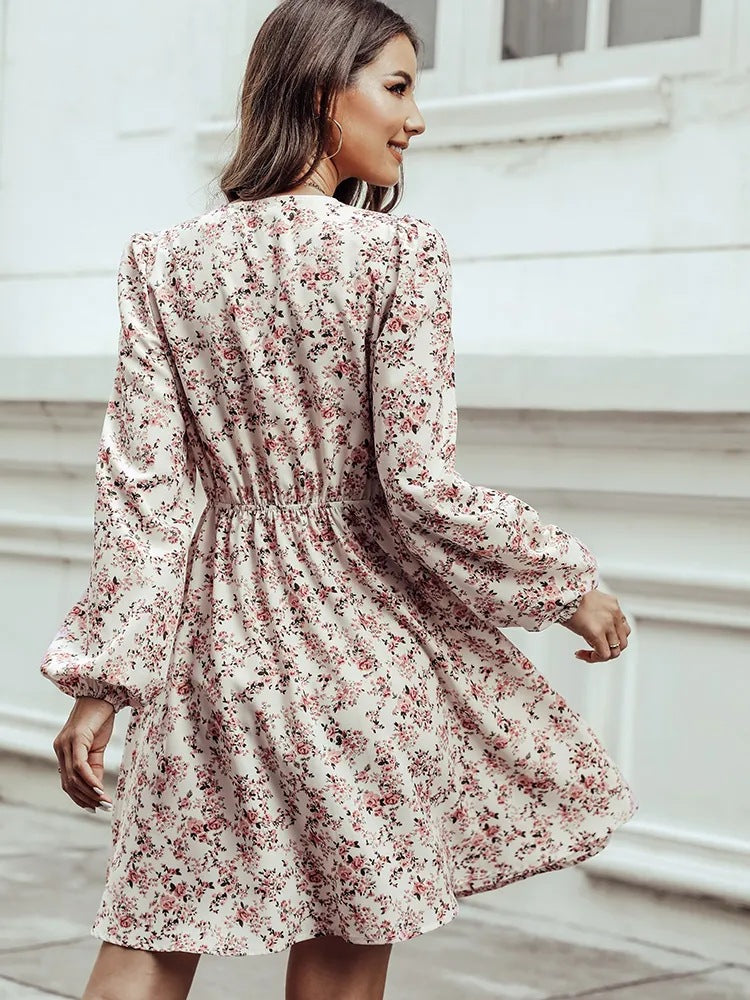 Wrap V-Neck Balloon Sleeve Elastic Waist Floral A-Line Mini Dress