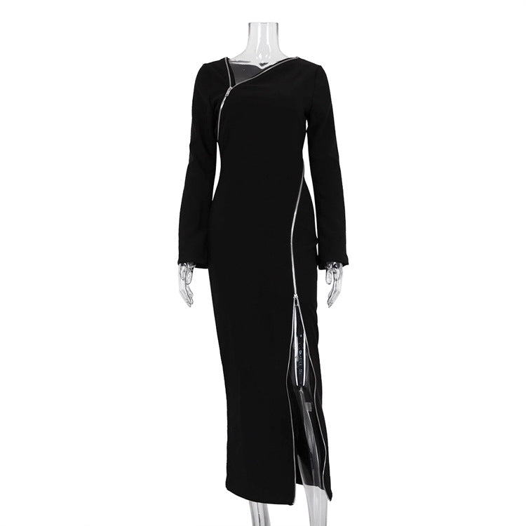 Early Shoulder Design Zipper Slit Black Hip Bag Dress