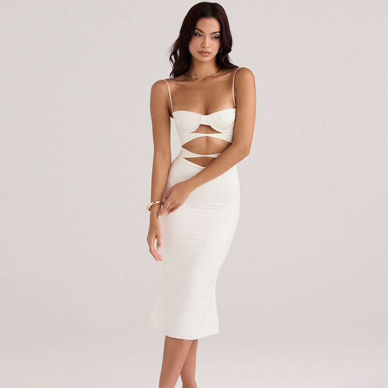 Spaghetti Strap Balconette Underbust Waist Cutout Bodycon Midi Dress