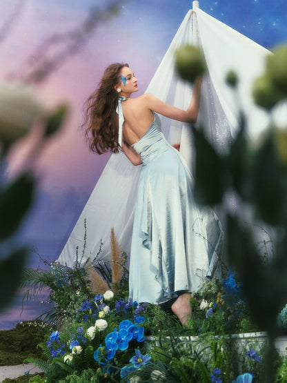 Floral Halter Satin Gown French-Inspired Blue Vacation Fairy Dress