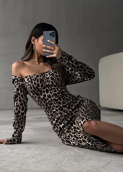 Leopard Print Off-Shoulder Midi Dress