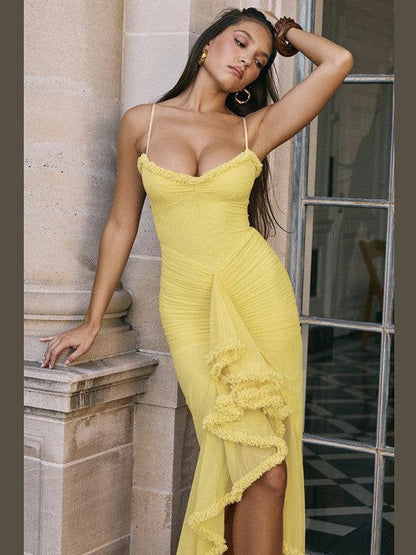 Asmi Spaghetti Strap Ruched Ruffle Dress