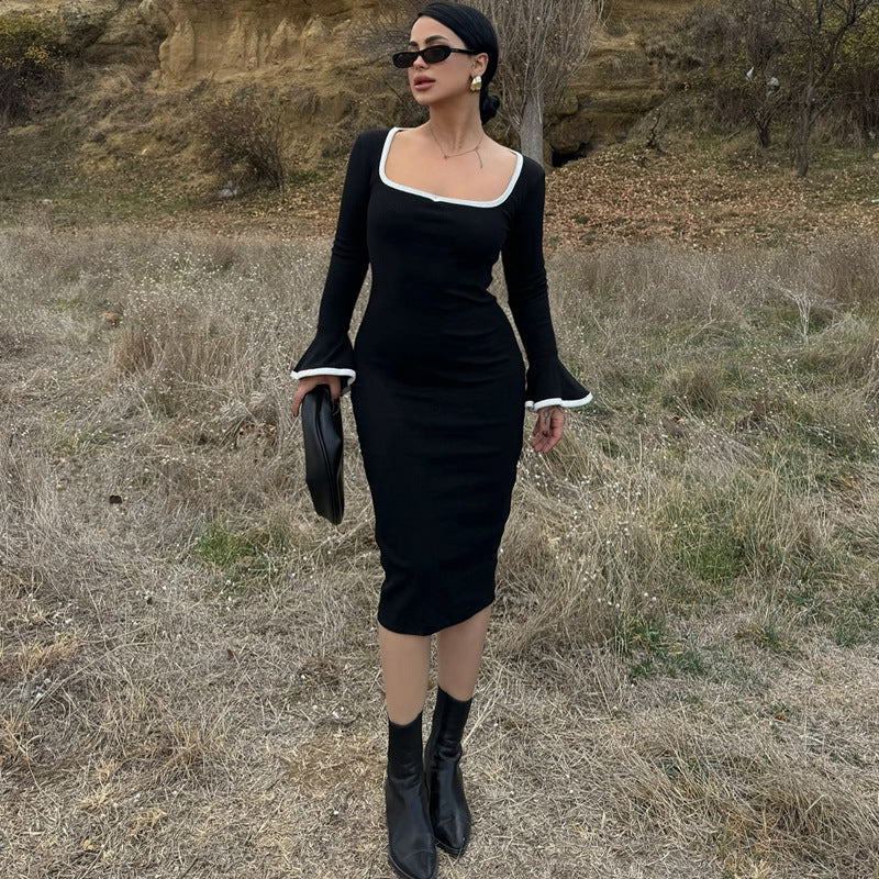 Square Neck Contrast Trim Bell Cuff Knit Bodycon Midi Dress