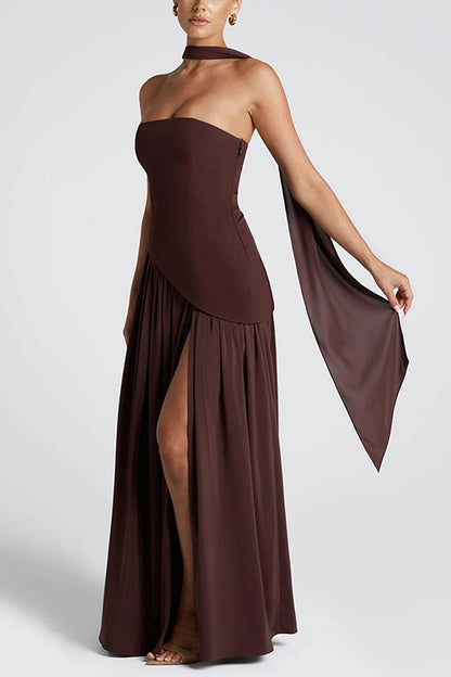 consonak Strapless Back Lace-up High Slit Splice Maxi Dress