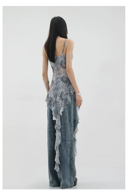 Vintage Distressed And Dirt-Dyed Patchwork Wide-Leg Jeans