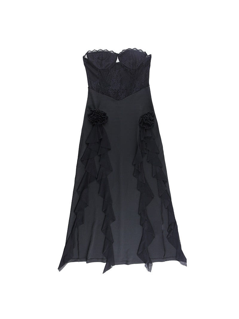 Black Lace Tube Top Stitching Dress